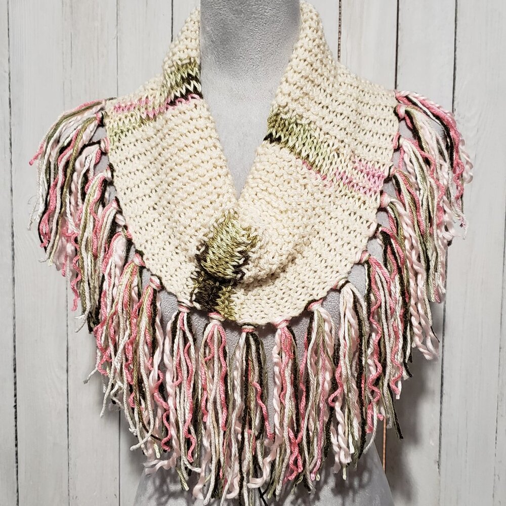 NEW Hand Knitted Cream Pink Green Infinity Boho Cowl Scarf Fringe Knit Hippie